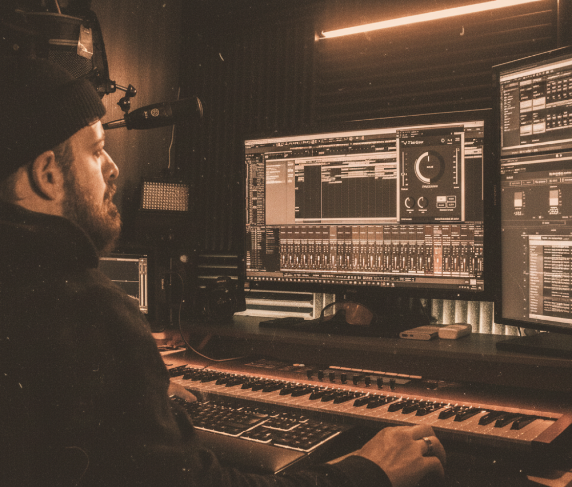 Producer working at a studio desk with monitors and a MIDI keyboard