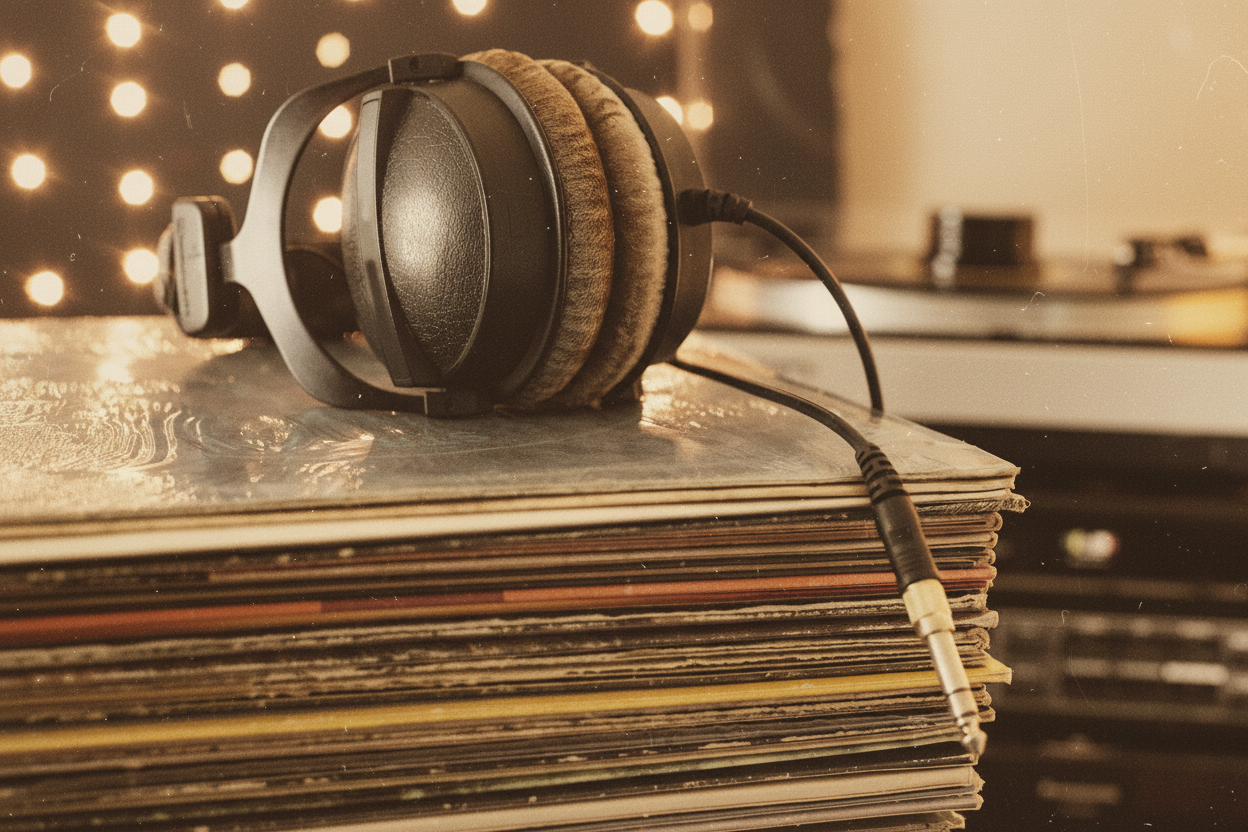 Studio headphones resting on a stack of vinyl records