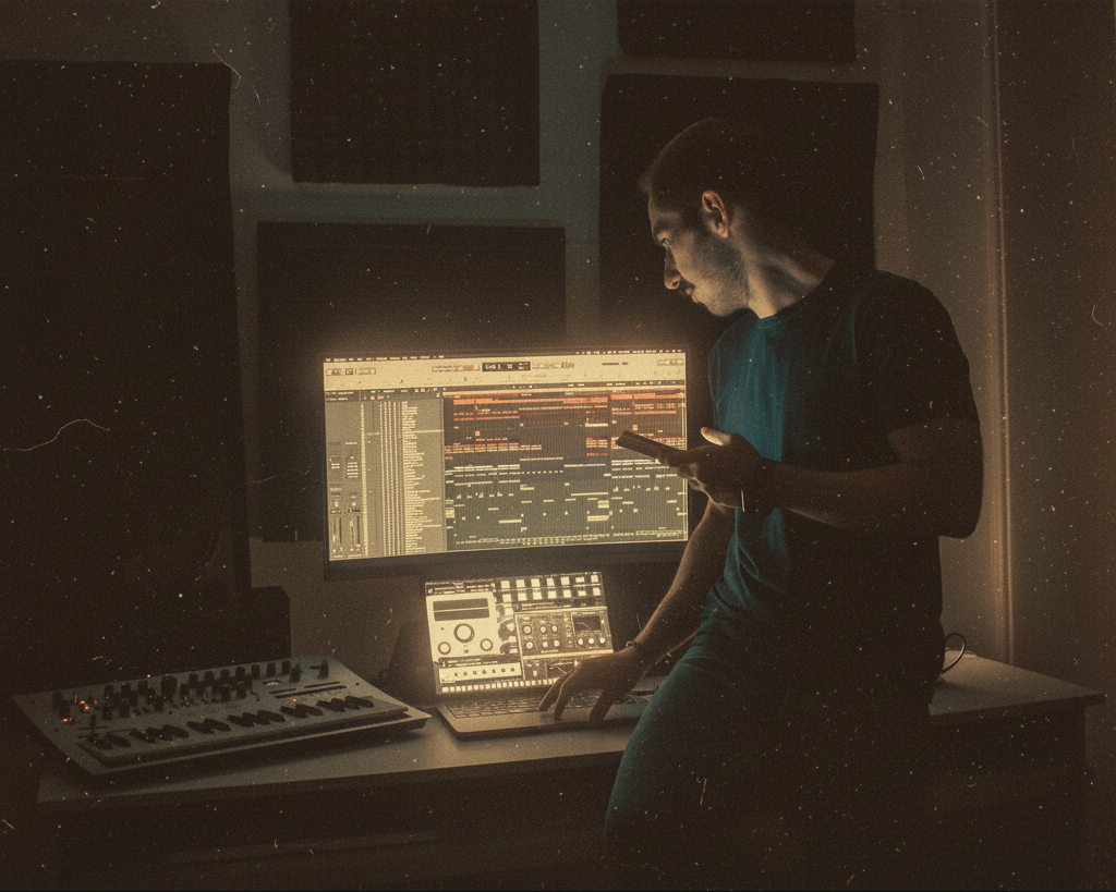 Producer working in a music studio with monitors and MIDI controller