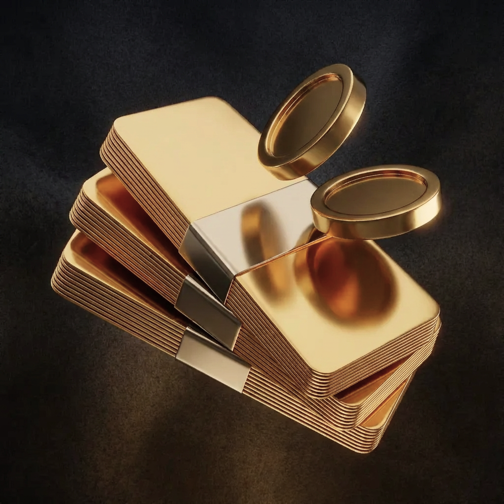 Gold coins and bullion representing download credits